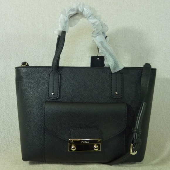 FURLA Black/Onyx Pebbled Leather Small Julia Tote Bag Made in Italy